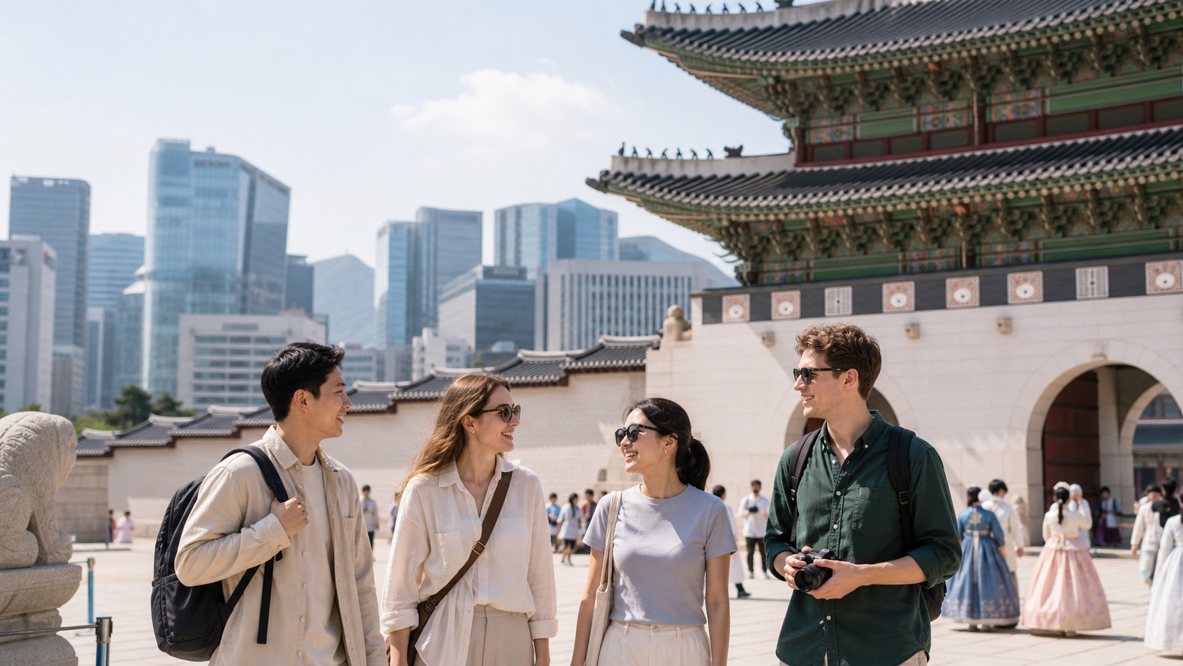 Visitors near a Korean palace gate and Seoul city skyline